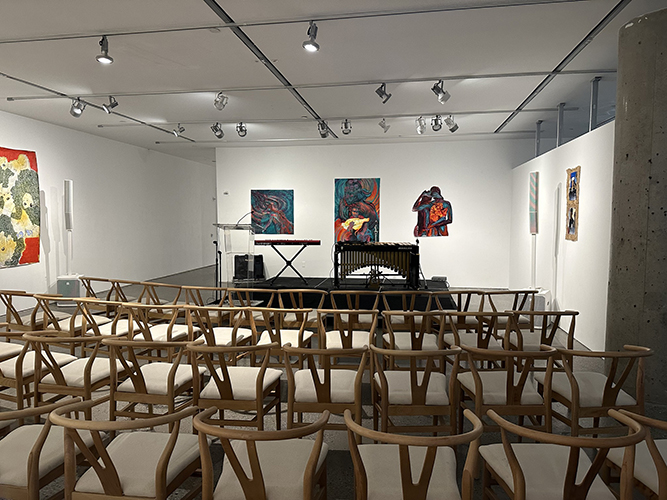 Art gallery event setup with rows of wooden chairs and keyboard stage at David Zwirner Gallery NYC 2023 produced by CitiView AV