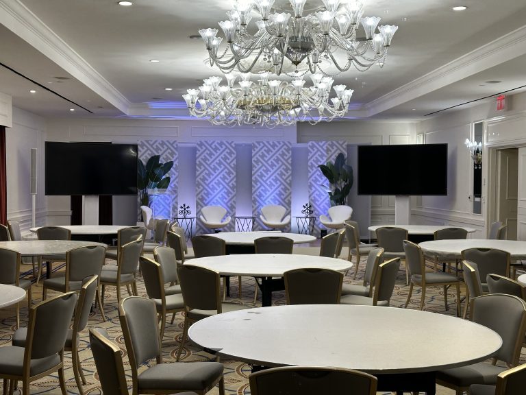 Hotel ballroom event set-up with chandeliers and screens by CitiView Audio Visual