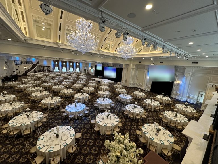 Ballroom at The Legacy Castle with screens and lighting produced by CitiView Audio Visual
